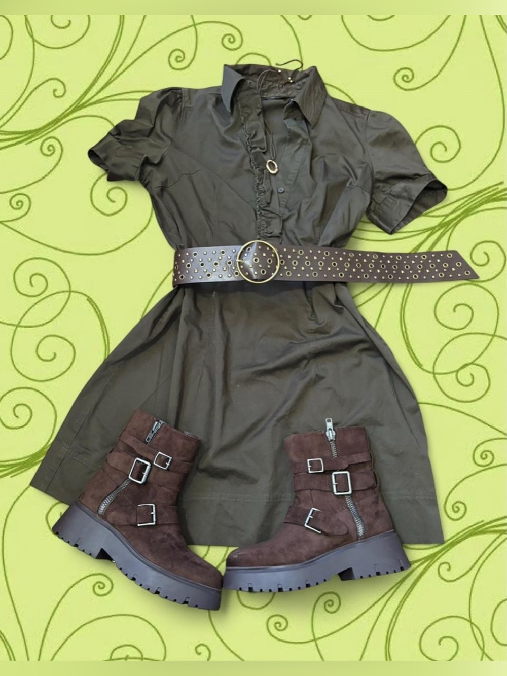 New York & Company Olive Green Ruffled Shirt Dress